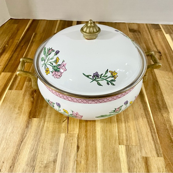 Tabletops Unlimited Vintage Enamel Pot Gold Trim Knob Handles Flower Design Dar - Picture 2 of 9